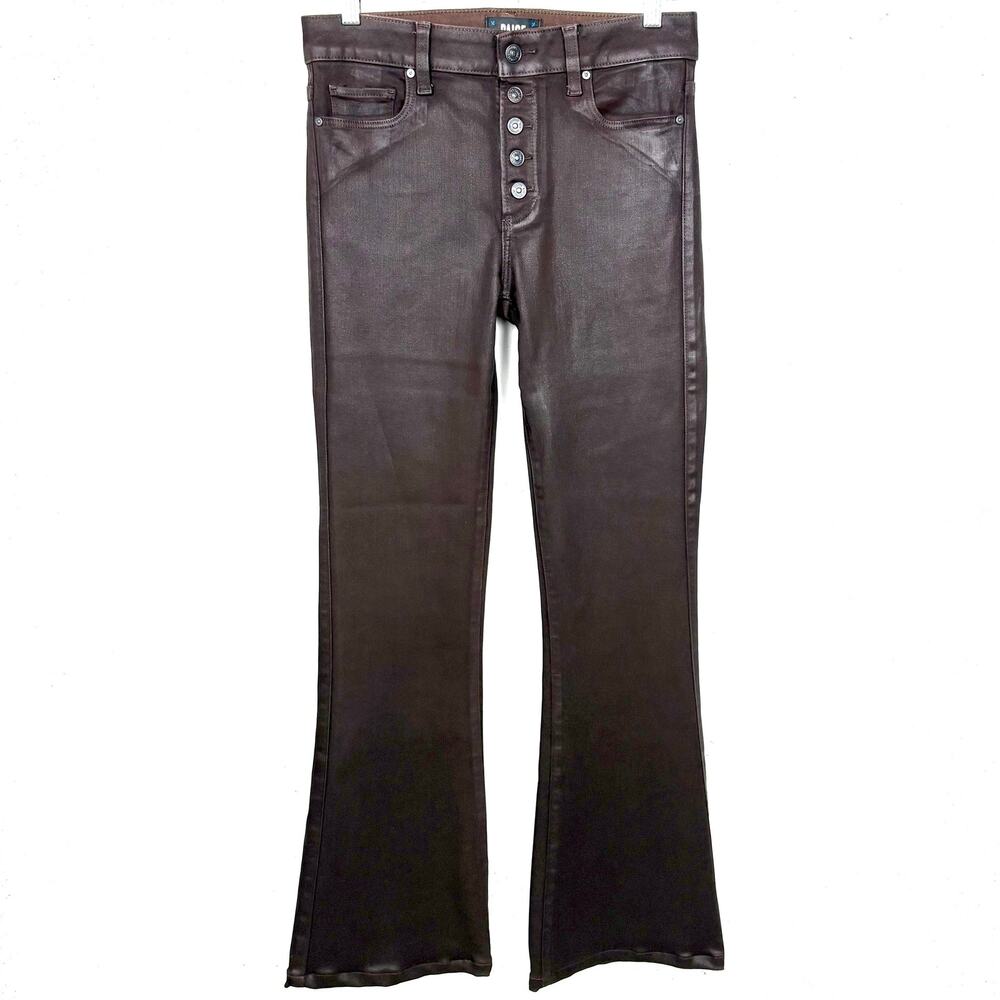 Paige High Rise Lou Lou Flare Leg Coated Rayon Blend Jeans Brown Cherry Size 27